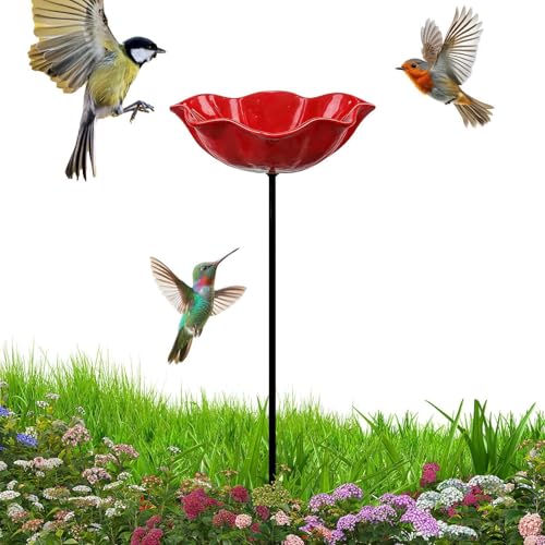 Vogeltränke Stehend Mit Futterschale Wasserdichtes VogelBad In Blumenform Wetterfeste Futterschale Mit Metallstab Als Gartendeko Für Garten Terrasse Hof Rasen