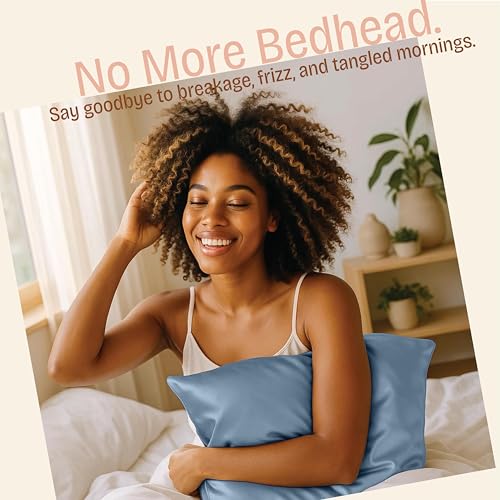 Image of BLISSFORD Satin Pillowcase with Zipper, for Hair and Skin Care, Feels Soft and Cool Like a Silk Pillowcase, Satin Pillow Cases 2 Pack, Slik Pillow Cover, Slate Blue - Standard Size, Set of 2