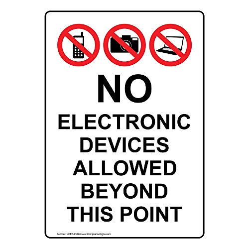 Vertical No Electronic Devices Allowed Beyond This Point Sign, 14x10 in. Aluminum for Facilities by ComplianceSigns