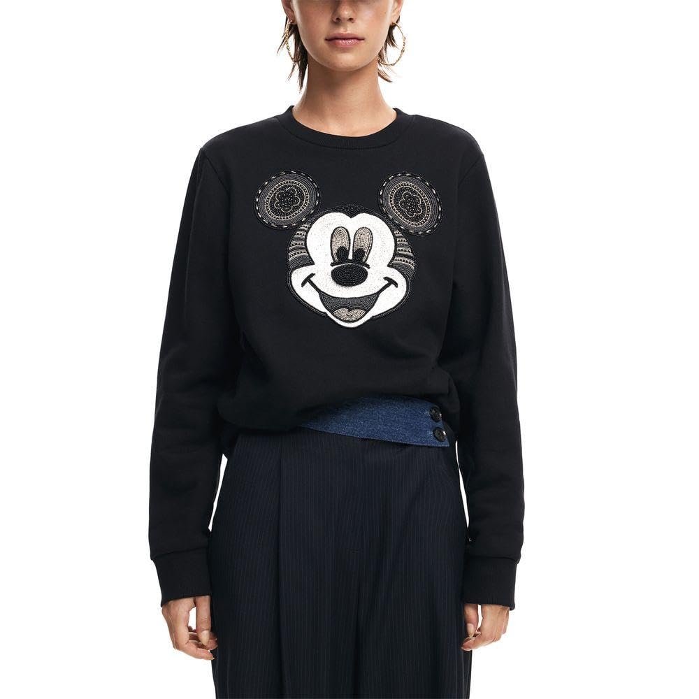 Desigual Mujer Negro Sudadera Cara Mickey Mouse, Algodon, Xl