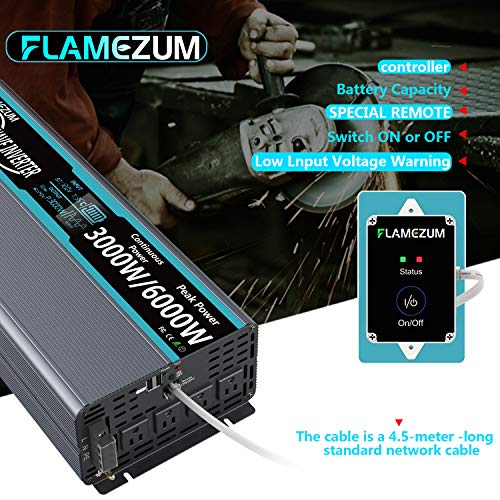 FLAMEZUM Pure Sine Wave Power Inverter 3000Watt DC 12 Volt to 120Volt Peak Power 6000Watt with LCD Display and Remote Control 2X 2.4A USB and 4X AC Outlets