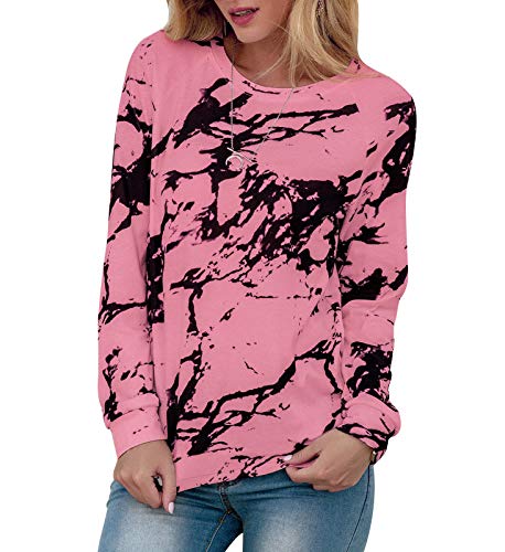 HenzWorld Camiseta Básica de Manga Larga con Efecto Tie Dye para Mujer Blusa Jersey Camiseta Informal Holgada para Mujer (Rosa Talla L) Cover