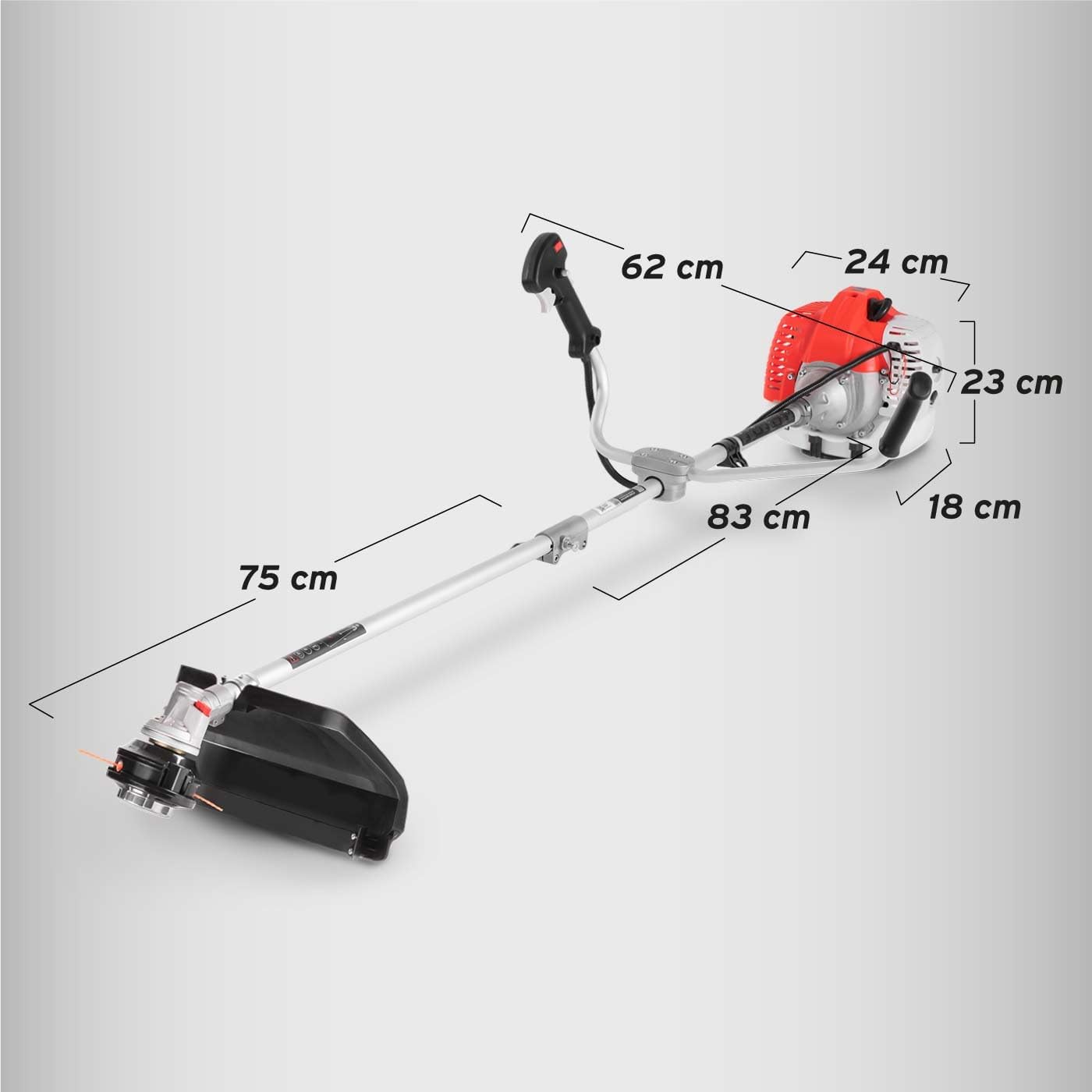 Technical drawing of the brushcutter with key dimensions labeled: 62 cm (handlebar width), 24 cm (engine width), 23 cm (engine height), 18 cm (engine depth), 83 cm (engine to shaft joint), 75 cm (shaft to head).