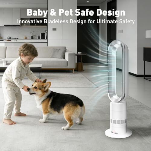 Image of Xcity TP18Pro Bladeless Tower Fan, 2-in-1 Heater & Cooling Fan, 10 Cooling + 3 Heating Levels, Remote Control, Ultra-Quiet for Bedroom & Home Office Commercial, Silver & White