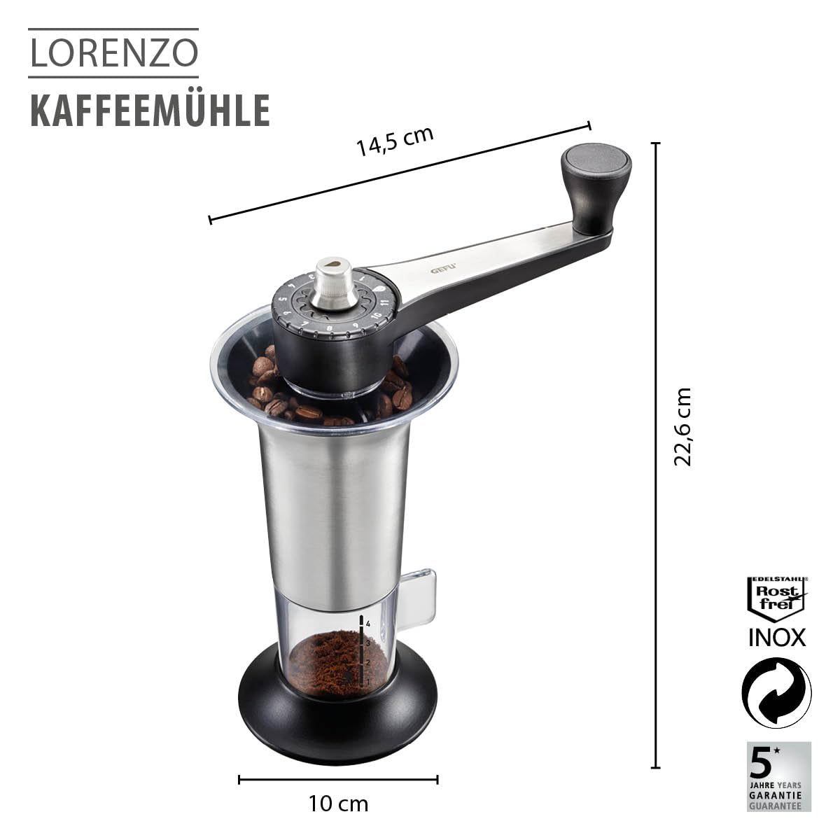 GEFU Kaffeemühle LORENZO | Manuelle Kaffeemühle mit Keramikmahlwerk, 11 Mahlstufen & Aromadeckel | Für Espresso, Filterkaffee & French Press | Edelstahl