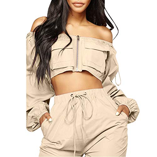 Sexy Two Piece Outfits for Women - Long Sleeve Crop Tops High Waisted Pants Jumpsuit Sexy Club Outfits Khaki - Thumbnail 3