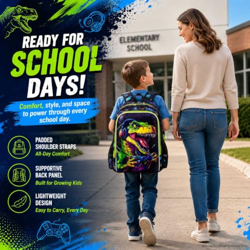Image of WZLVO 3PCS Dinosaur Backpack for Boys, 16 Inch Kids Water Resistant Preschool Elementary Kindergarten Bookbags and Lunch Box