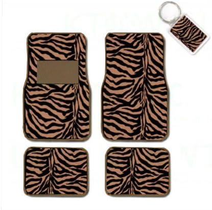 A Set of 4 Universal Fit Animal Print Carpet Floor Mats for Cars/Truck and 1 Key Fob - Tiger