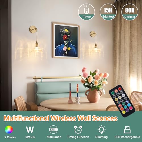 Image of Shenmoyl Battery Operated Wall Sconce Wall Lamp with Clear Lily of the Valley Shade Pattern Glass Adjustable Chain Retro Gold Wall Light, Modern Wall Lamp Fixtures Decor for Bedside Bedroom