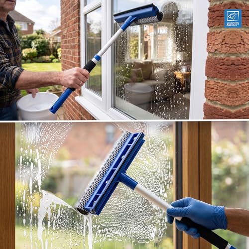 Image of 2 in 1 Telescopic Window Squeegee with Durable Squeegee Blade and Sponge Attachment - Window Cleaning Kit Perfect to Use as Shower Cleaner Squeegee, Window Cleaner & Car Window Squeegee