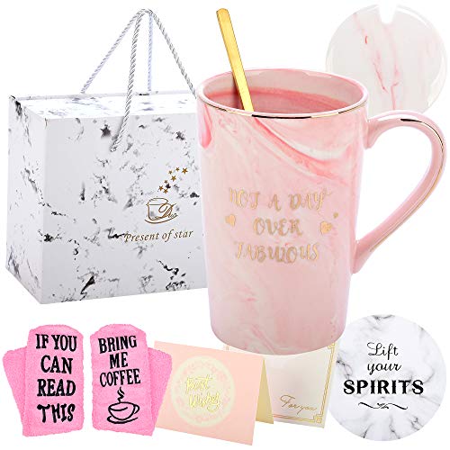 Birthday Gifts Coffee Mug Set for Women, Not A Day Over Fabulous Marbling Cup for Girlfriend, Wife, Mom, Coworkers, Daughter, Sister, Aunt, 14 oz (Pink)