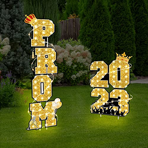 6 Pcs Prom 2023 Yard Signs Party Outdoor Lawn Decorations With Light String Prom Graduation Yard Signs Party Outdoor Grad Decorations Waterproof Lawn Decor Graduation Party Supplies (Gold And Black) #TOP11