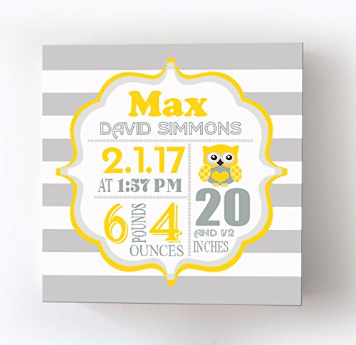 Personalized Stretched Canvas, Striped Birth Announcement, Custom Baby Name, Date, Weight Stats, Safari Owl Nursery Wall Decor, Wooden Frame Construction, Ready to Hang 30X30