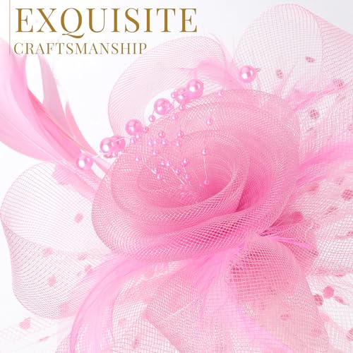 Image of DRESHOW Fascinators Hat Flower Mesh Ribbons Feathers on a Headband and a Clip Tea Party Headwear for Girls and Women