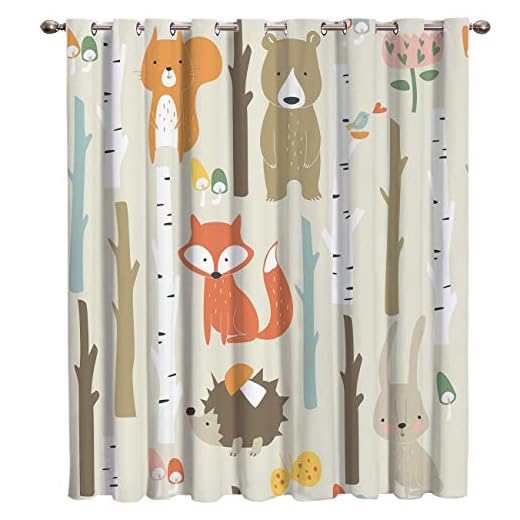 Arts Language Blackout Curtains Grommet Drapes for Boys/Girls Kids Bedroom Cartoon Bunny Bear Fox Animal Forest Printed Room Darkening Curtains Grommet for Livingroom/Office, 1 Panel 52x63in