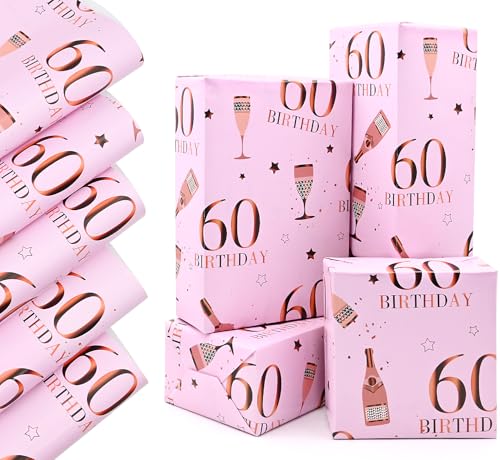 QRTDXP Pink Gift Wrapping Paper Sheets for 60th Birthday 5pcs 50 * 70cm Large Birthday Paper Pink Eco-friendly Gift Wrap Perfect for Wrapping Present or Flower for Girls Woman