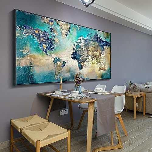 Image of Pogusmavi World Map Wall Art for Living Room - Large Framed World Maps for Wall, Green Abstract Canvas Artwork for Walls, Modern Office Decor, Map Wall Art for Men (Black Framed) 29x58IN