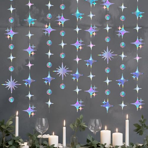 Giantree 4 guirnaldas de papel iridiscentes para decoración de fiestas, banderines de papel con círculos y puntos, guirnaldas colgantes de estrellas pequeñas para cumpleaños, baby shower, graduación,