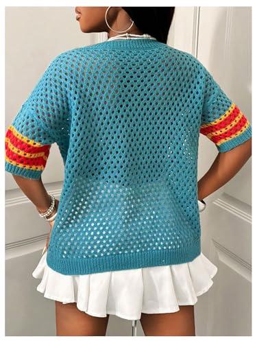 MakeMeChic Women's Y2K Summer Tops Jersey Shirts Crochet Striped Crew Neck Pullover Sweater2
