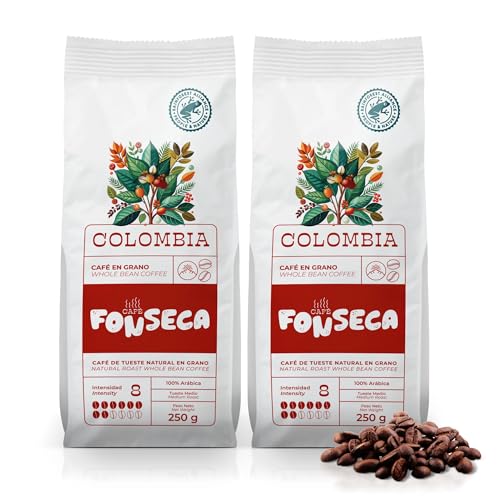 FONSECA Café Colombia en Grano Natural 500g 100% Arábica, Café Colombiano de Origen para Cafetera Superautomática y Automática, Intensidad 8 Monorigen Certificado UTZ/Rainforest (2 Paquetes de 250g)