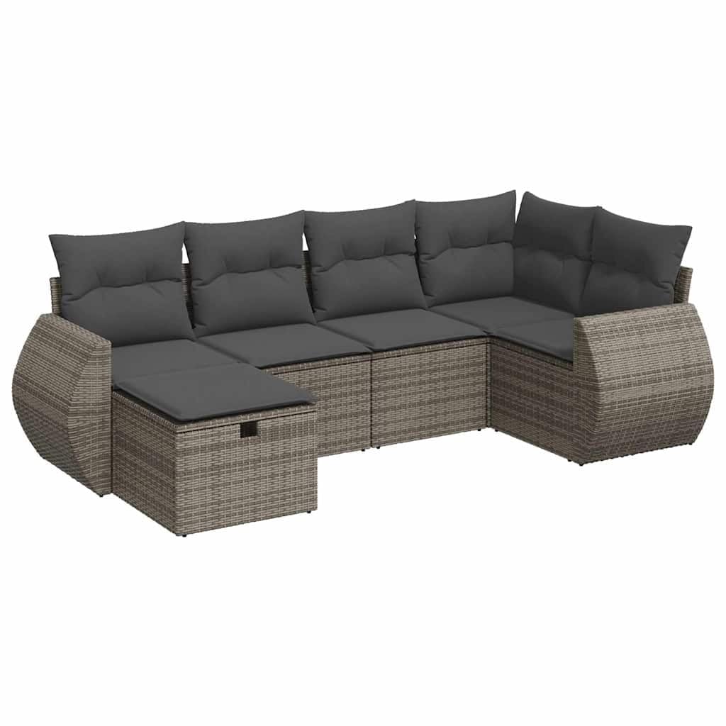 6 TLG. Sofá de jardín, ratán de polietileno gris, con almohada, espacio de almacenamiento, bolsa impermeable, para terraza y balcón