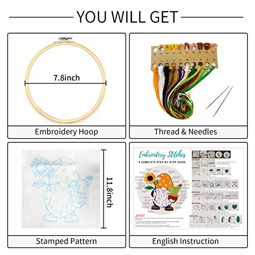 Image of Nuberlic Sunflower Embroidery Kit for Beginners, Full Set of Stamped Gnome Cross Stitch Kit for Adults Including Threads, Hoops and Instruction