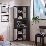 erosoei Farmhouse Corner Cabinet, Tall Corner Pantry Storage Cabinet with Acrylic Glass Door Design & Adjustable Feet, for Laundry Room, Bathroom, Kitchen,Bedroom(Black)