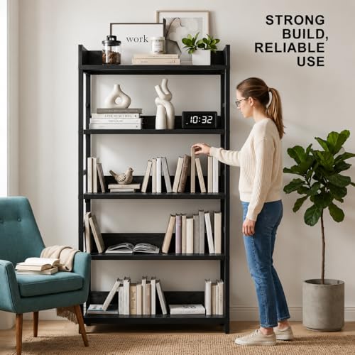 Image of 5-Tier Kitchen Organizer Rack Shelf | Heavy Duty Metal & Wooden| Industrial Bookcase | Kitchen Storage Office & Living Room | Black | 80x30x166 cm