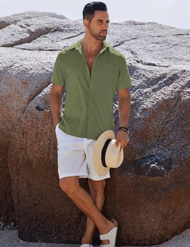 Image of COOFANDY Men's Button Down Shirts Short Sleeve Casual Shirts Summer Beach Linen Shirts with Pocket