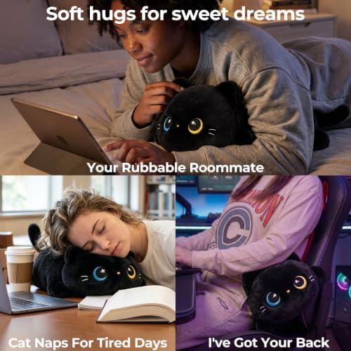 Image of Mewaii Odd-Eyed Black Cat Plush Pillow, Squishy & Huggable Kawaii, 13 in