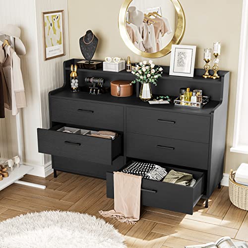 Hasuit 6 Drawers Double Dresser With Shelves, Large Wooden Storage Tower Organizer, Wide Chest Of Drawers, Black Dresser For Bedroom, Living Room, Entryway #TOP2