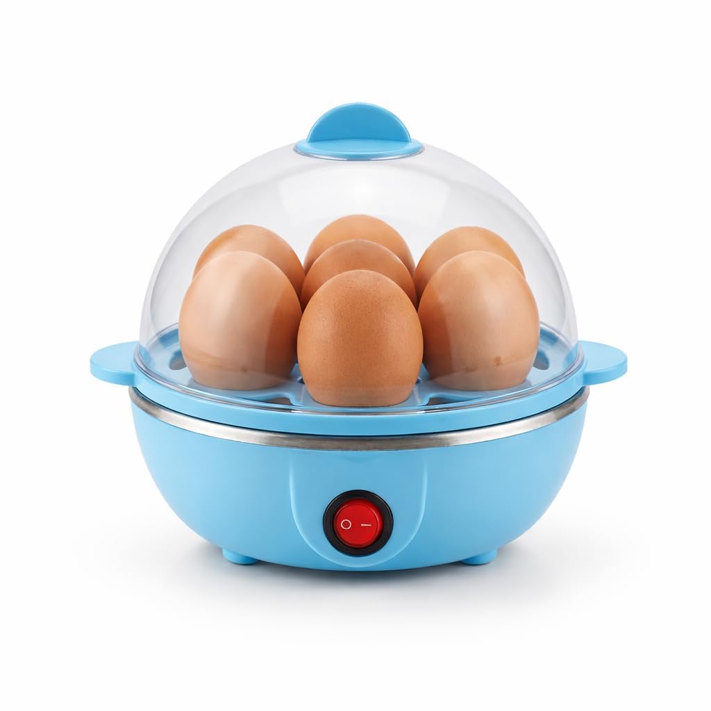 Smart Deal Hub Electric Egg Boiler, 7 Egg Capacity, One-Touch Operation, Stainless Steel Heating Plate, Transparent Lid, Blue, Compact Kitchen Appliance