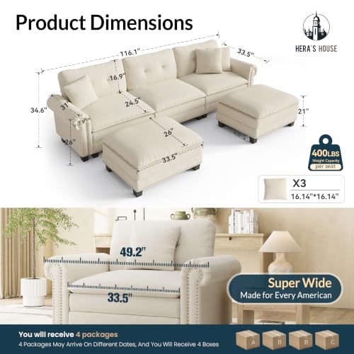 Image of HERA'S HOUSE 116 inch Oversized U Shaped Modular Sectional Couch Living Room | Mid-Century Modern 5-Seater Cloud Sofa, Beige, Rolled Arms & Nailhead Trim, Wider & Deeper Seats, Ottoman, Linen