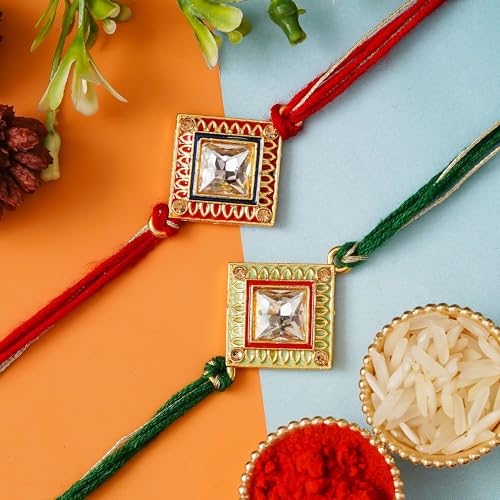 Image of eCraftIndia Multicolor Set of 2 Om Symbol and Peacock Designer Religious Rakhis with Roli Chawal Pack