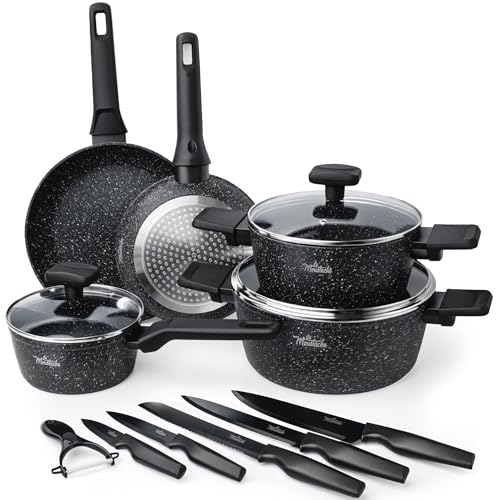 La Moustache - Batería de Cocina de Aluminio con Antiadherente | 8 Piezas Onix + 5 Cuchillos...