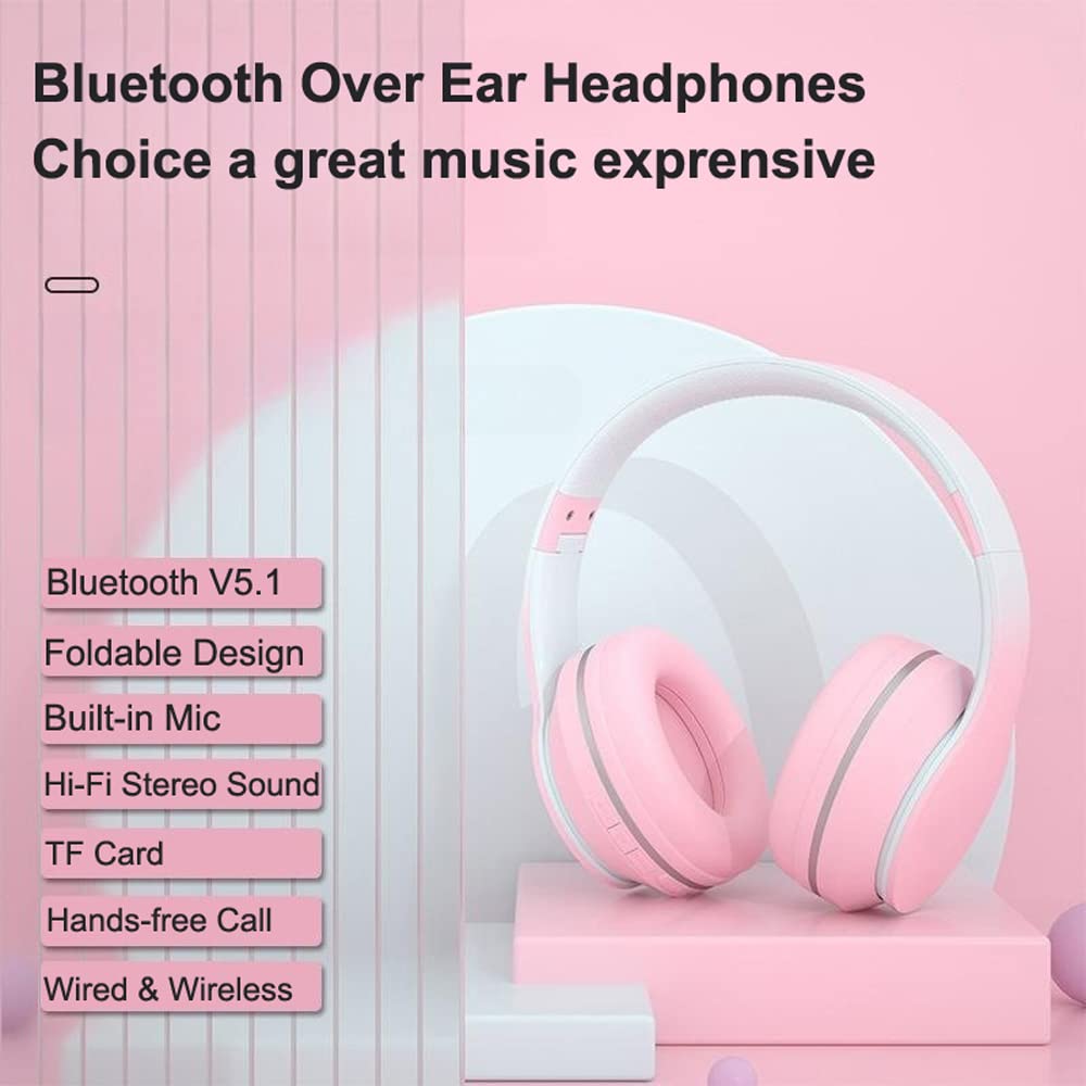 Słuchawki Bluetooth nauszne dla dzieci,bezprzewodowe słuchawki Bluetooth z mikrofonem,składany,bezprzewodowy/przewodowy zestaw słuchawkowy stereo,słuchawki dla dzieci dla chłopców, (Różowy)