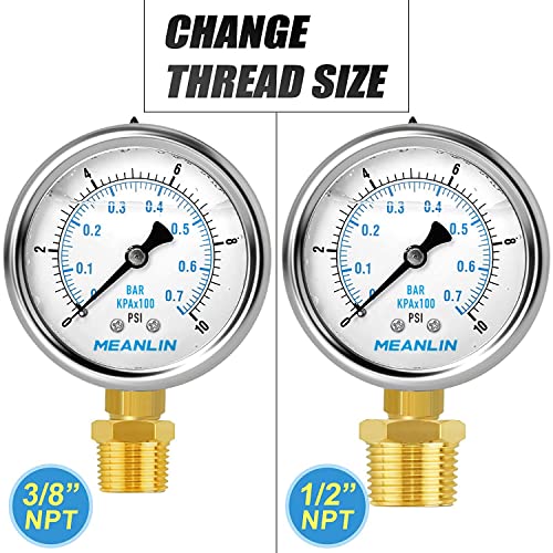 Image of MEANLIN MEASURE 0~10Psi Stainless Steel 1 /4 inch NPT 2.5 inch FACE DIAL,Liquid Filled Pressure Gauge,WOG Water Oil Air Lower Mount (Pack of 2), with 1 /2 inch NPT and 3 /8 inch NPT Hex Bushing