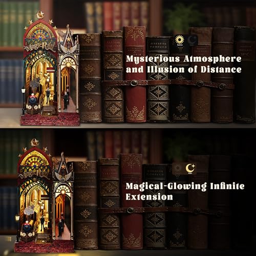 Image of Book Nook Kit - DIY Miniature House Shelf Insert with LED Lights & Music, Retro Train Station 3D Wooden Puzzle for Adults, Bookshelf Decor Gift for Home Office Desk (Magic Train Station)