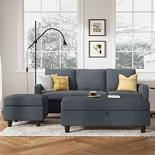 Honbay Reversible Sectional Couch With Chaise Modern Linen Fabric L Shape Sofa For Apartment Sectional Set With Ottoman In Bluish Grey #TOP6