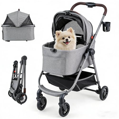 GYMAX Carro Plegable para Perros, Carro para Mascotas con Caja de Transporte Desmontable, Transportín Móvil para Animales con Ruedas Universales y Asa, Hasta 15 kg (Gris)