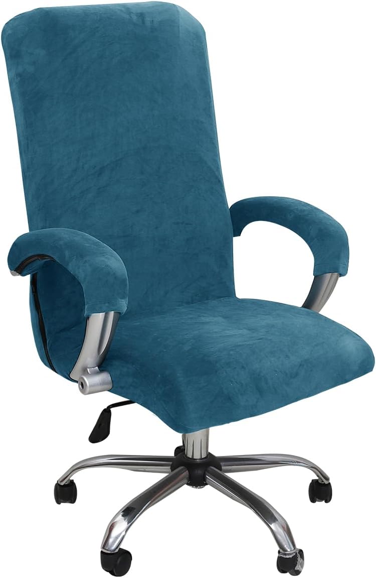Velvet Office Chair Cover with Arm Covers Stretch Computer Desk Universal Boss Swivel Gaming Chair (Peacock Blue,Large)