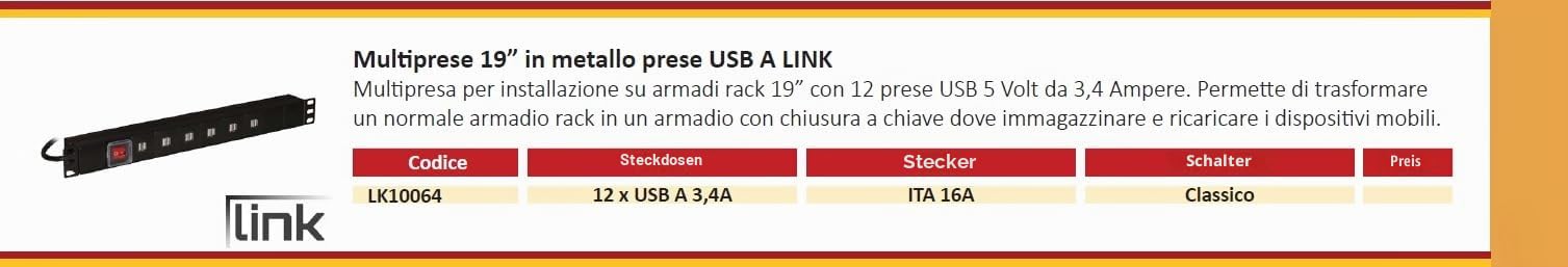 Link Mehrfachsteckdose 1U 19" für Rackschränke LK10064-12 USB-Buchsen 3,4A lädt Mobile Geräte mit LED-Schalter und 6 Universal-/Schuko-Steckdosen, Metall 1 Einheit, 48,5 x 4,5 x 4,5 cm, wendbare