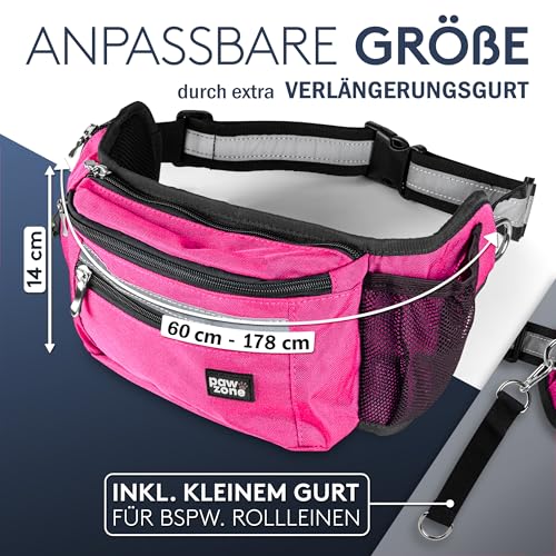 PAWZONE Futterbeutel Hunde - Leckerlibeutel für Hunde - Bauchtasche für Hunde Zubehör - Leckerlitasche für Hunde - Inkl. Reflektorband & Zusatzgurt für Flexileine (Pink)