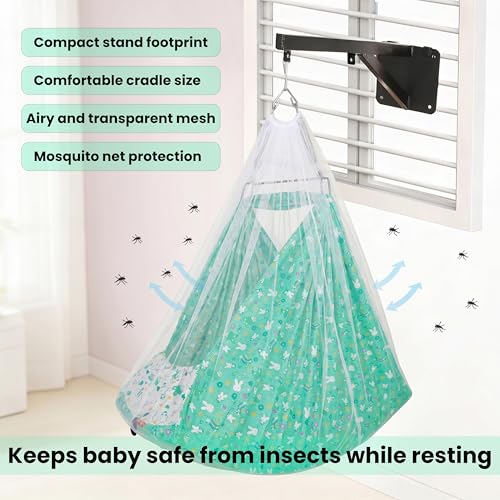 Image of Axmon Kids Cradle Jhula | Heavy Duty Iron Frame Baby Cradle | Weight Capacity Up to 20 kg | Pure Cotton with 1 Inch Support Sheet, Pillow, Safety Belt & Mosquito Net | Green
