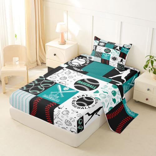 Image of Castle Fairy Baseball Bed Sheet Set for Kids,Sports Geometric Grid Green Sheets Set,Patchwork Baseball Home Decor Sheet Sets with Deep Pocket,Top Flat Sheet,Twin Size