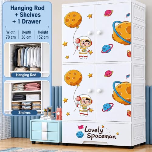 Image of EXVITO Plastic Wardrobe for Cloth with Drawers & Hanging Rod | Baby Cupboard for Clothes Storage | Foldable Collapsible Plastic Almirah for Kids | Cartoon Design Cabinet for Bedroom (5 Door)