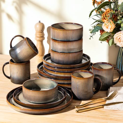 Image of TheTerra Ceramic Dinnerware Set for 4, 16-Piece Plates and Bowls Set | Lightweight Porcelain Dish Set, Scratch Resistant, Oven & Microwave & Dishwasher Safe, Cocoa Mocha