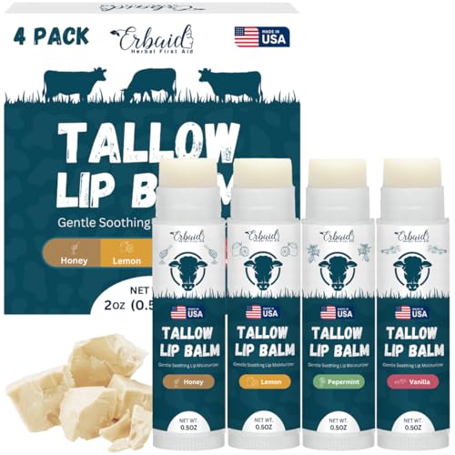 Beef Tallow Lip Balm Natural Tallow Beeswax Chapstick Hydrating Grass Fed Beef Tallow Honey Balm Lip Care Soothes Chapped Dry Sensitive Lips Long Lasting Vitamin Rich USA-Made Variety Pack