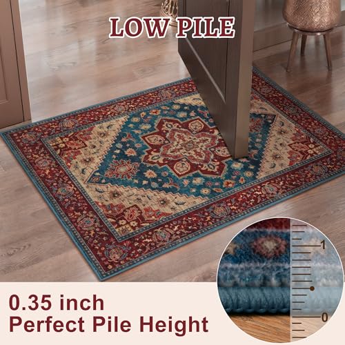 Image of Tangsoo Oriental 2x3 Washable Rugs for Entryway Non Slip Small Rug Red Blue