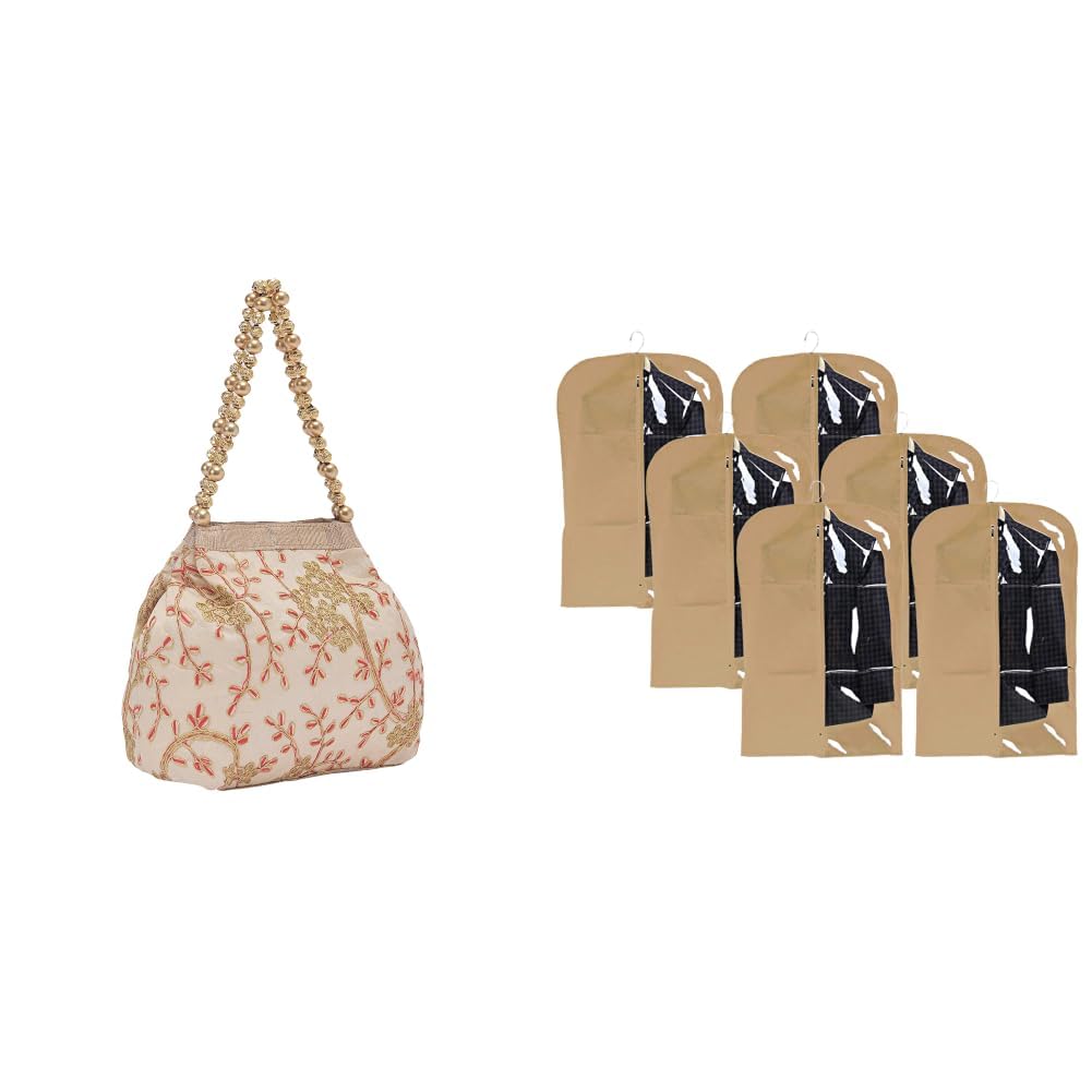kuber industries Potli Bags for Ladies & Girls | Women Shagun Pouches for Festive Seasons | Batwa Bag + Half Transparent 6 Pieces Non Woven Men's Coat Blazer Cover (Brown) - CTKTC30921-picture-38